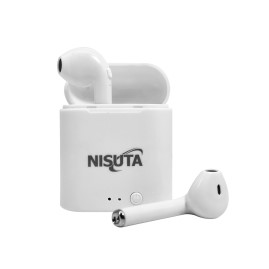 Auricular mini bluetooth tipo earbuds con cajita imantada recargable Nisuta NSAUBTWS1M Blanco